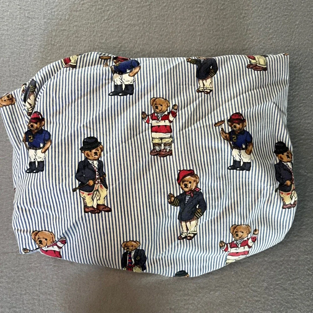 Vintage Ralph Lauren Polo Bear King Fitted Sheet Blue White Stripe Bedding 90s